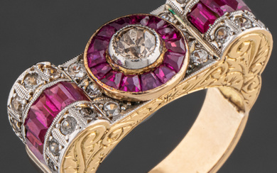Chevalier ring in 18kt yellow gold with diamonds, rubies and...