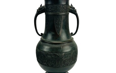 Chinese Bronze Archaic Style Greek Key Lamp Vase