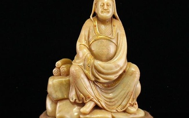 Chinese Qing Dynasty Shoushan Stone Sage Statue w Box