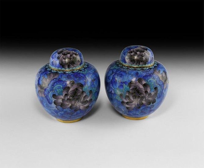 Chinese Turquoise Cloisonné Lidded Vessel Pair
