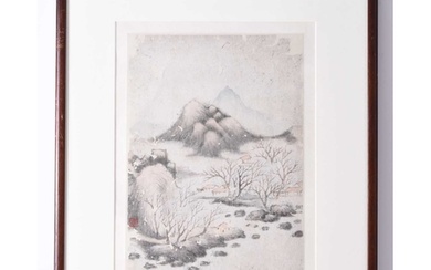 Chinese school, 20th century Winter landscape with huts, ink...