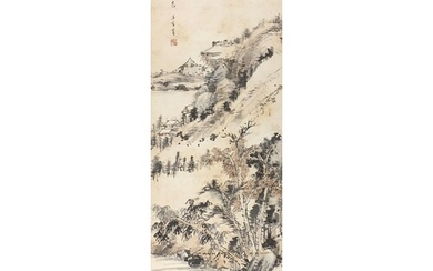 Chinese wall hanging scroll depicting a mountainous landscap...
