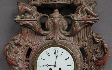 Circa 1900 Cast Iron Wall Clock with porcelain dial. Has time & strike french movement with key &