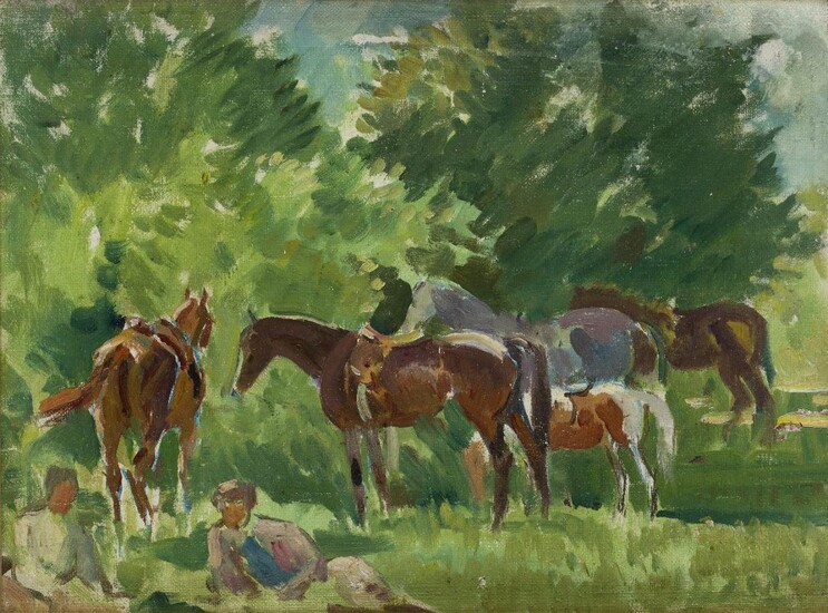 Circle of Frederic Whiting, RBA, RI, ROI, RP, RSW, British 1873-1962- A grassy landscape with horses and figures on a summer day; oil on canvasboard, 30.2 x 40.6 cm. ARR. Provenance: Private Collection, UK.