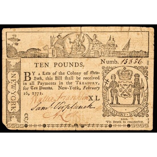 Colonial Currency, NY. February 16, 1771 10 Pound