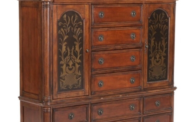 Contemporary Two-Piece Mahogany-Stained Wood Armoire