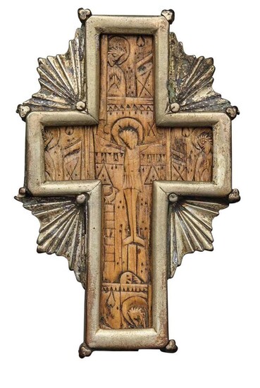 Continental Silvered Metal Mounted Carved Wood Pectoral Crucifix Probably...