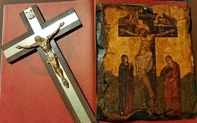 Cross, icon (2) - Bronze (gilt/silvered/patinated/cold painted), wood
