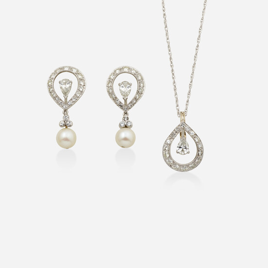 Cultured pearl and diamond earrings with necklace