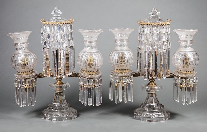 Cut Crystal and Bronze Argand Lamps