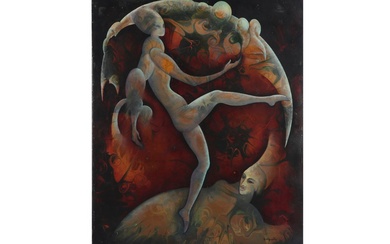DELPORTE CHARLES (1928 - 2012) olieverfschilderij op paneel : "Compositie met vrouwelijk...