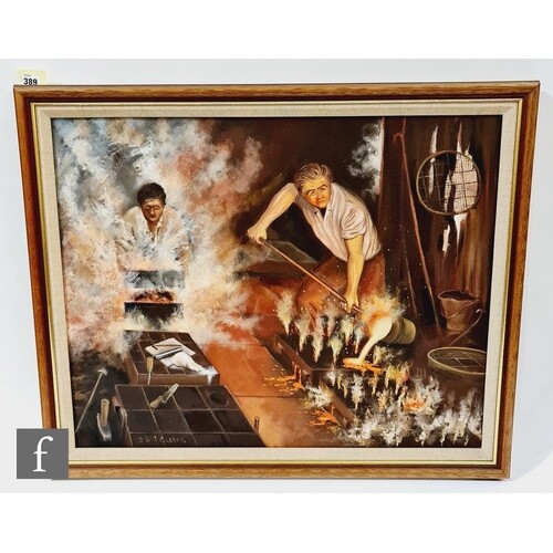 D.W.A. GLOVER (CONTEMPORARY) - Workers in a forge, oil on ca...