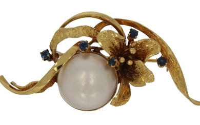 Design - 14 kt. Yellow gold - Brooch Mabe pearl - Sapphires