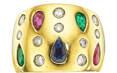Diamond, Multi-Stone, Gold Ring Stones: Pear-shaped rubies weighing a...