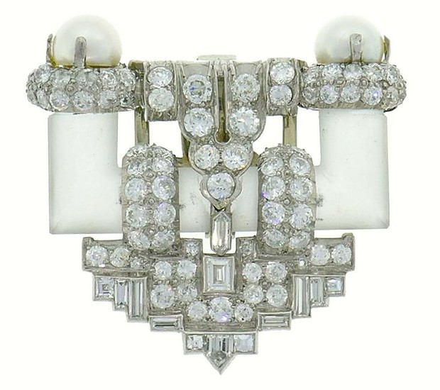 Diamond Platinum CLIP Brooch Pin Rock Crystal Pearl Art