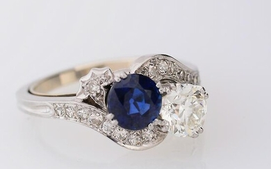 Diamond, Sapphire, Platinum, 14k White Gold Ring.