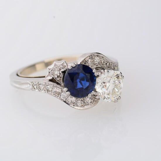Diamond, Sapphire, Platinum, 14k White Gold Ring.