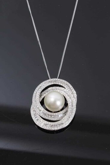 Diamond and cultured pearl pendant in 18ct white gold setting on 18ct white gold chain, estimated total diamond weight approximately 3.5cts