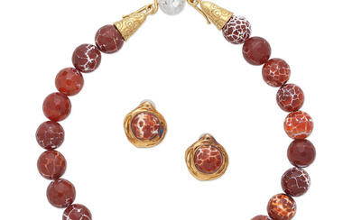 ELIZABETH GAGE: AGATE AND ROCK CRYSTAL BEAD NECKLACE AND EARCLIP...