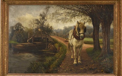 East Anglian School, 19th century, oil on canvas - The Barge Horse, a scene possibly at Flatford, 70cm x 106cm, in gilt frame
