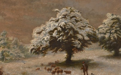 École anglaise du 19e siècle. Berger et troupeau dans un paysage d'hiver, Huile sur carton,...