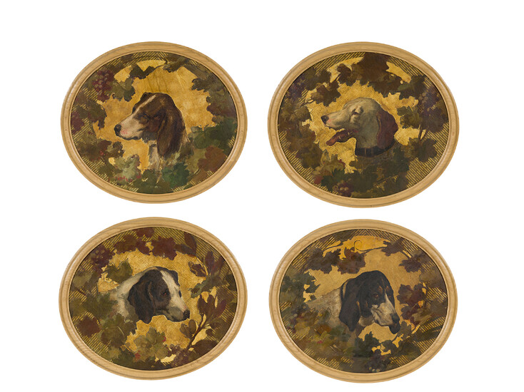 Ecole française du début du XXe s., Tête de chien sur fond or dans un entourage végétal, suite de 4 huiles sur toile ovales, 55x63 cm (