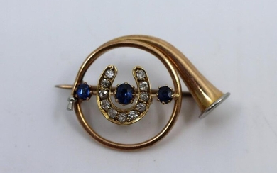 Edwardian Diamond & Sapphire Gold Hunting Horn Brooch