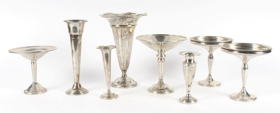 Eight Sterling Silver Weighted Vases, Compotes