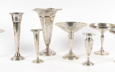 Eight Sterling Silver Weighted Vases, Compotes