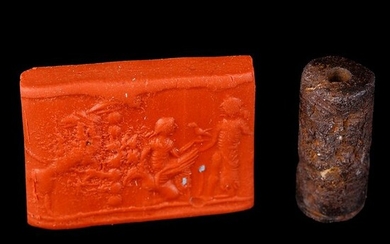 Exceptional Near Eastern Hematite Cylinder Seal with Domestic Scene