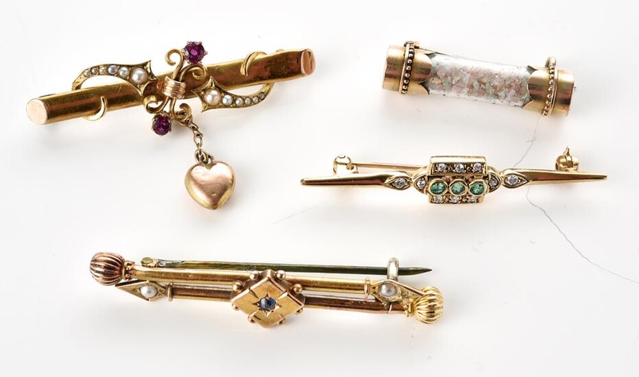 FOUR ASSORTED ANTIQUE BAR BROOCHES INCLUDING SAPPHIRE, RUBY AND SEED PEARL, OPAL ACID TESTED IN 9CT AND 14CT GOLD, TOTAL WEIGHT12.7GMS