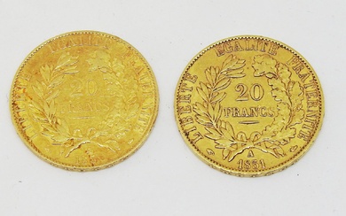 FRANCE Réunion de deux monnaies 20 Francs or Cérès 1850 A et 1851 A Poids...