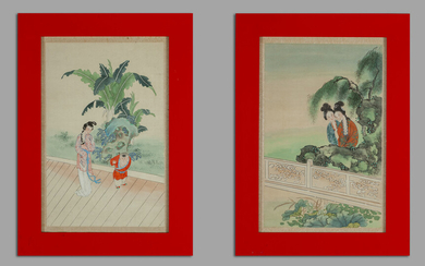 "Fanciulle orientali" coppia di dipinti su carta, Cina inizi sec.XX cm. 38x50...
