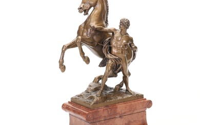 Figural Bronze Classical Style Sculpture of Man and Rearing Horse