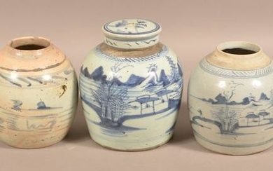 Five Antique Canton Oriental Porcelain Ginger Jars.