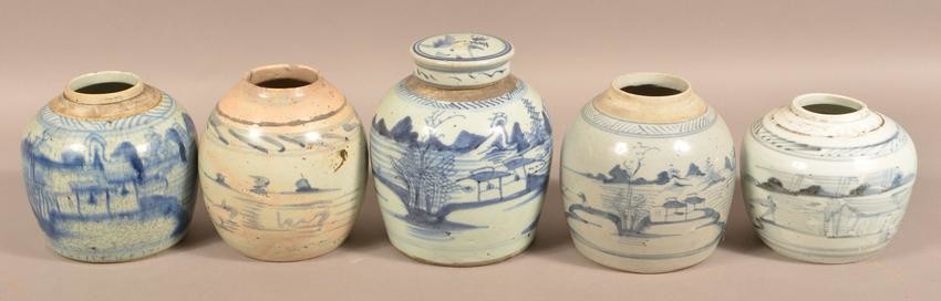 Five Antique Canton Oriental Porcelain Ginger Jars.