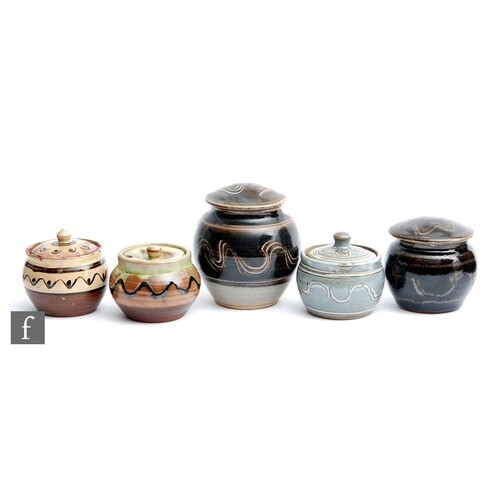 Five assorted Winchcombe Pottery lidded preserve pots and tr...