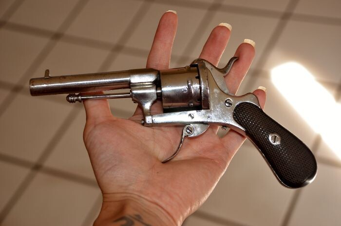 France - 1850 - Revolver Lefaucheux poinçon EL 69 - 9 mm - Nickelage d'origine - n° de série - Parfait état, rare et unique ! - Revolver