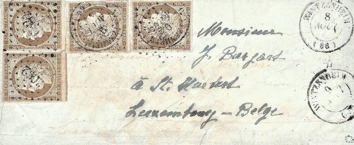 France 1853 - Very rare Ceres 10 centimes bistre, pairs including one postmarked on a letter bound for Belgian - Yvert 1a