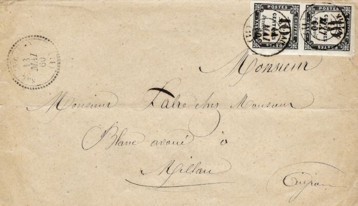 France 1859 - Tax stamp, 10 centimes postage due, typographed, a superb pair on letter. - Yvert 2