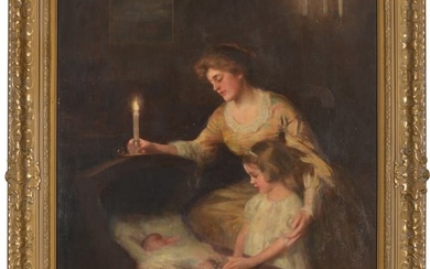 Francis Day. American. Large interior genre scene. Mother and child by a candle with a piano