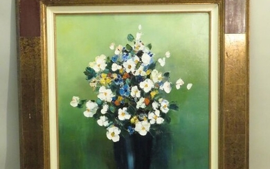 Franz SCHLITZ (né en 1934). Vase fleuri. Huile sur toile, signée en bas à droite. Haut : 55 cm Larg : 46 cm.