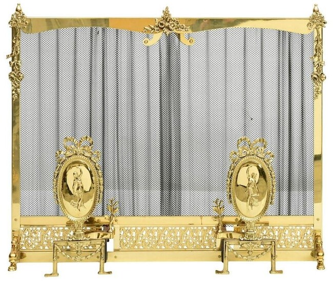 French Gilt Brass Fireplace Screen & Andirons