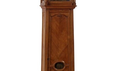 French Provincial Cherry Morbier Clock, 19th c., H.- 107 in., W.- 20 in., D.- 11 in.