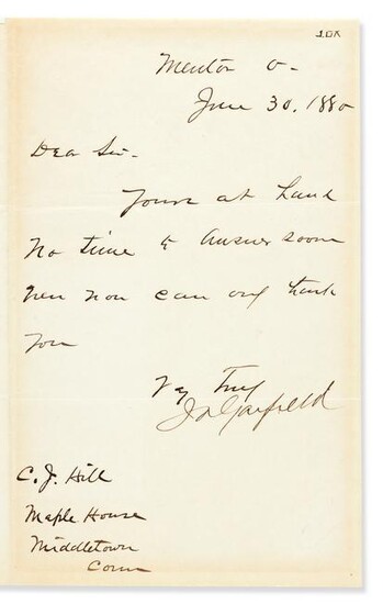 GARFIELD, JAMES A. Letter Signed, "JAGarfield," to C.J.