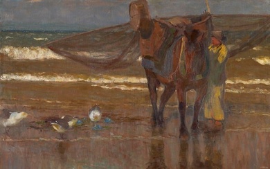Grethe, Carlos Krevettenfischer mit Pferd. Um 1910. Öl auf Leinwand. 86 x 118 cm. Signiert.