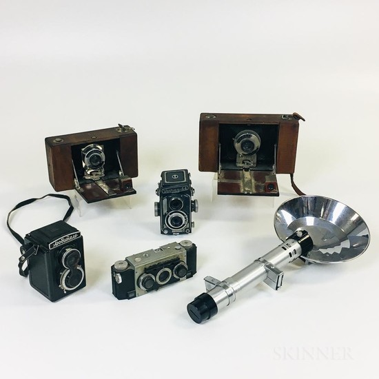 Group of Five Cameras for Parts or Repair, two Ansco cameras, a "No. 4" and "No.5 model D," a "Yashica-44," another twin lens, and a "S
