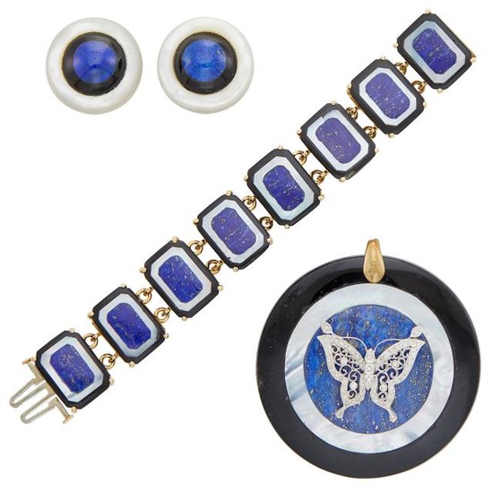 Group of Lapis, Mother-of-Pearl, Black Onyx and Diamond Jewelry