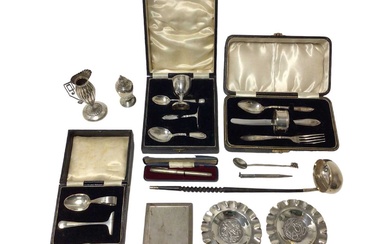Group of silver to include christening sets, toddy ladle etc