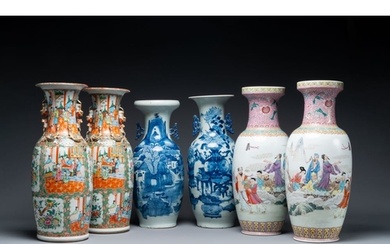 Group of six Chinese famille rose and blue and white vases, ...